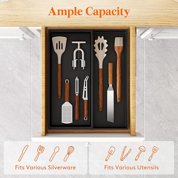 Lifewit Utensil Drawer Organizer, Expandable Cooking Silverware Tray for Kitchen Drawer, Adjustable Cutlery Flatware Holder, Plastic Spatula Tools and Gadgets Storage Divider, 2 Compartments, Black