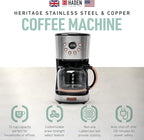 Haden Coffee Machine, 12 Cup Programmable Drip Coffee Maker with Auto Shut-Off Function and Reusable Washable Water Filter, Steel & Copper