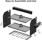 CCCEI Modular Power Tool Organizer Wall Mount with Charging Station. Garage Drill Storage Shelf with Hooks, Heavy Duty Rack, Tool Battery Holder Built in 8 Outlet. Gift for Men. Black, 1 Pack.