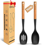 Large Silicone Cooking Spoon Set, 2 Pack Solid Slotted Spoon with Wooden Handle, Nonstick Silicone Kitchen Spoons for Cooking, Heat Resistan Spatula Set for Serving, Basting, Mixing (Black)