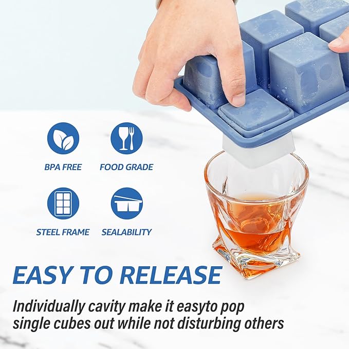 mossime Large Ice Cube Molds: 3pack Square Whiskey Silicone Ice Cube Trays With Lid - Old Fashioned Cocktail Big Ice Cube Tray- 2inch Easy Release Freezer Maker for Baby Food Soup & Juice