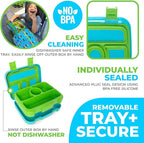 kinsho Bento Lunch Box for Kids Toddlers Boys, 4 Portion Sections Secure, BPA Free Removable Tray, Pre-School Kid Daycare Lunches Snack Container, Green Robot Ages 3 to 5