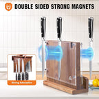 ENOKING Magnetic Knife Block 12.2 x 9.3", Double Sided Magnetic Knife Holde with Knife Sharpener, Acacia Wood Magnetic Knife Stand with Acrylic Shield for Kitchen Countertop