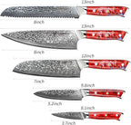 Chef Cooking Knives Set- Kitchen Knife Set of 5 Piece - Ultra-Sharp VG10 Damascus Steel & Resin Handle - Xuan Series (Sunset Red)