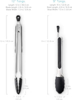 DI ORO Silicone Tongs for Cooking - Heat-Resistant Kitchen Tongs for Cooking with Silicone Tips - Small 9" & Large 12" for Nonstick Cookware - Stainless Steel Rubber Tipped (2pc, Black)