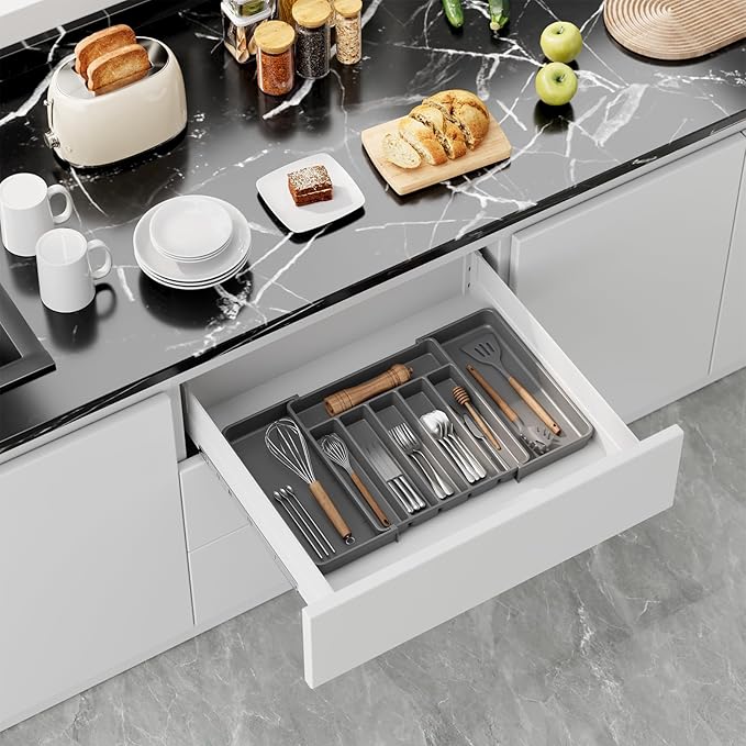 Aujen Silverware Organizer - Expandable Kitchen Drawer Organizer, Adjustable Utensil Organizer, Cutlery Tray for Forks, Knives, Multipurpose Kitchen Organizers and Storage Solution, Grey, Large