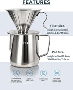 AGOGO Compact Portable Pour Over Coffee Maker Set - Easy Cleaning 304 Stainless Steel Dripper Set for Camping & 50 Filters Paper & Cleaning Rag (Silvery, 600ml)