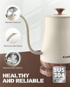 Gooseneck Electric Kettle Beige, 1000W Electric Tea Kettle Stainless Steel, Pour Over kettle for Coffee, Wood-like Grain Finish Handle, Hot Water Kettle, Auto Shut Off, 0.8L, Beige