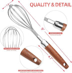 Stainless Steel Wire Whisk for Cooking- Wooden Handle Kitchen Multi Function Non Stick Balloon Whisk Egg Beater for Blending Whisking Beating Frothing Stirring Batters (9"L x 1.8"W)