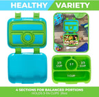 kinsho Bento Lunch Box for Kids Toddlers Boys, 4 Portion Sections Secure, BPA Free Removable Tray, Pre-School Kid Daycare Lunches Snack Container, Green Robot Ages 3 to 5