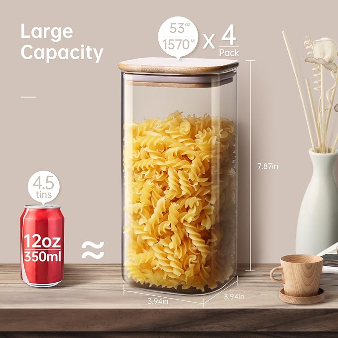 Square Glass Jars with Bamboo Lids 53 FL OZ [Set of 4], Glass Canisters with Airtight Lid, Glass Food Storage Containers for Pasta, Cereal, Coffee, Flour, Sugar, Best for Kitchen & Pantry