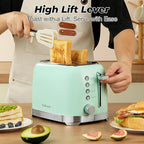 Toaster 2 Slice Retro Stainless Steel with 1.5” Extra Wide Slots Bagel, Defrost, Reheat, Cancel Functions, 6 Bread Shade Settings, Removable Crumb Tray, Aqua Green