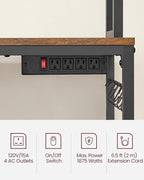 VASAGLE Hutch Bakers Rack with Power Outlet, 14 Hooks Microwave Stand, Adjustable Coffee Bar with Metal Wire Panel, Kitchen Storage Shelf, 15.7 x 23.6 x 66.9 Inches, Rustic Brown and Black UKKS037B01