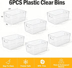 Clear Pantry Organizer Bins, Storage Containers & Plastic Containers with Handle, Cabinet Organizer, Home Organization Must Haves for Kitchen, Laundry Room, Office, Closet & Freezer (6 Pack)