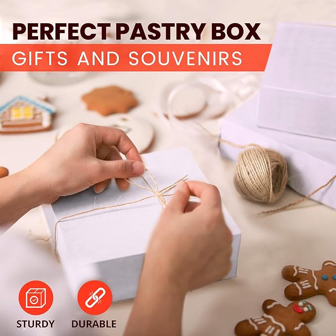 Fit Meal Prep [25 Pack] Pastry Boxes 8x8x3 White Bakery Box for Cookies, Compostable Kraft Paper Cardboard for Baked Goods Packaging, Cake, Food, Donut, Cupcake, Candy, Bread, Bridesmaid Gift Box