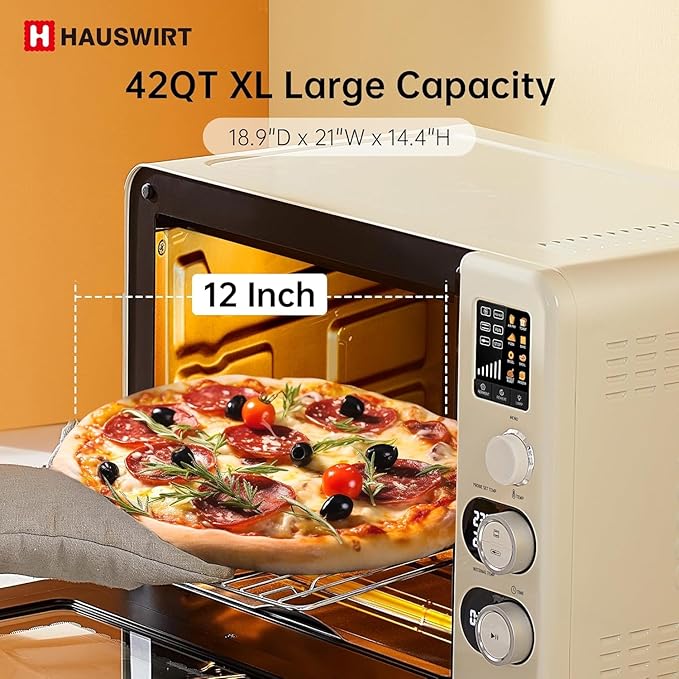 Hauswirt Toaster Oven Air Fryer, XL Large Convection Oven Countertop Rotisserie Chicken 42Qt 3-Tier for 5-8 People, 8 Mode Smart Toaster Stainless Steel 80°F - 500°F Quick & Even Crisp - Ivory