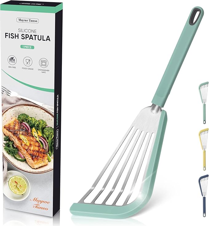 Nonstick Fish Spatula,Maywe Tanso Thin Slotted Spatulas Turner Silicone Fish Spatulas for Nonstick Cookware,High Heat Resistant BPA Free Cooking Utensils,Ideal for Fish,Eggs,Pancakes
