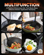 Silicone Wok Spatula Turner Set, Perfect for Scooping, Flipping, Lifting Pancakes and Picking up Veggies, BPA-Free Matte Silicone, Wooden Handles, Safe for Nonstick Cooking Surfaces (Black)