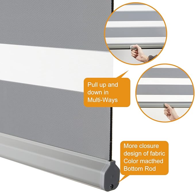 Persilux Cordless Zebra Blinds for Windows Free-Stop Roller Windows Shades (36" W X 64" H, Grey) Dual Layer Light Control for Day and Night, Light Filtering Sheer Shades for Home, Easy to Install