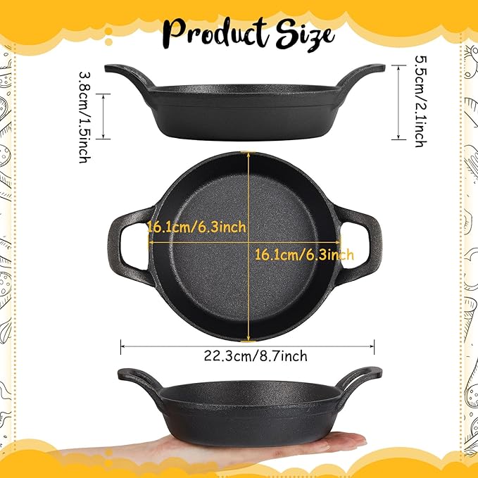 Mini Cast Iron Skillets 6.3 x 6.3 x 1.5 Inch Cast Iron Pan Small Ramekin Set Black Casserole Dish Cookware Oven Safe Mini Skillets for Kitchen Indoor Outdoor Picnic (6 Pack)
