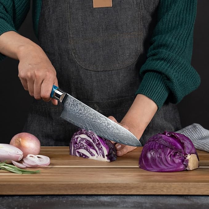 SENKEN 7-Piece Damascus Kitchen Knife Set - Tsunami Collection - 67-Layer Japanese VG10 Steel - Chef's Knife, Cleaver, Santoku, Bread, Boning, & More