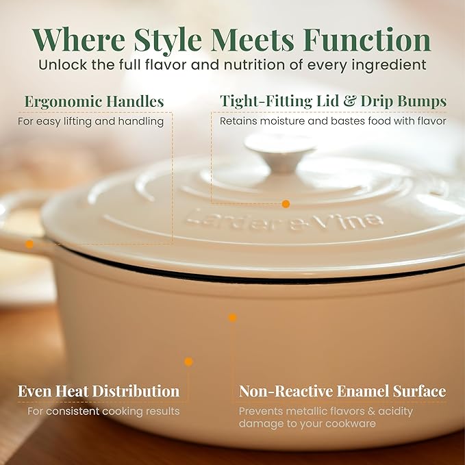 Larder & Vine Enameled Cast Iron 8 qt Dutch Oven Pot with Lid | Bread Baking | Compatible on All Cooktops & Oven Safe to 500° F | Great for Sourdough Bread | White