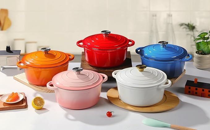 Enameled Cast Iron Dutch Oven Pot with Lid Heavy-Duty Cookware for Bread Baking, Braising, Stews, Roasting,5.5QT，orange