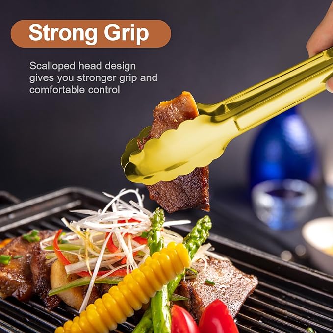 Gisly 6-Piece Gold Serving Tongs, Gold Serving Utensils, Stainless Steel Gold Plated Buffet Serving Tongs,Salad Buffet Tongs,9 Inch