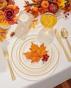 bUCLA 300Pcs Clear Gold Plastic Disposable Dinnerware Set - Clear Plates with Gold Trim Include 50 Dinner / 50 Dessert Plates,50 Cups,150 Plastic Silverware Set for Party, Fall & Thanksgiving