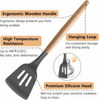 Silicone Cooking Utensils Set 5-Piece Non-Stick Kitchen Utensil Set, Wood Handle Heat Resistant Spatula Spoon Turner Soup Ladle Silicone Cooking Kitchen Gadgets BPA Free for Nonstick Cookware