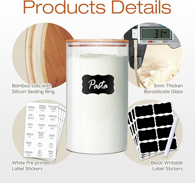 Glass Jars with Bamboo Lids [Muti Size Set of 5], Glass Canisters with Airtight Lids, Glass Food Storage Containers for Pasta, Oats, Coffee, Flour, Sugar, Rice, Best for Kitchen & Pantry
