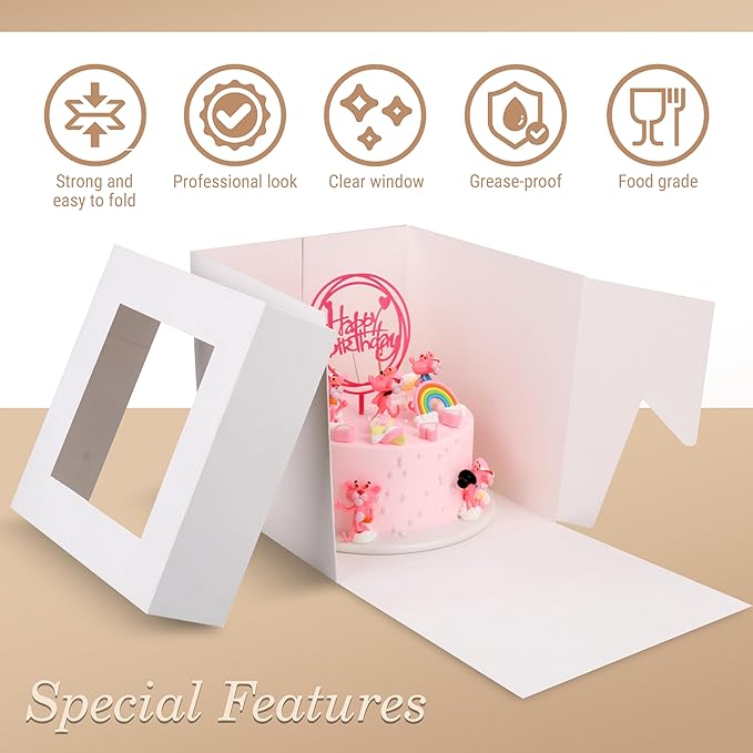 Cakebon Cake Boxes with Boards - 8 Inch Round Cake Drum Silver - Box With Window for Birthdays, Weddings and Parties (1pc Each, 2pcs Total)