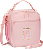 Initial Insulated Lunch Bag for Girls Kids, Back to School Gift, Reusable Leak-proof Lunch Box with Adjustable Strap for School Daycare Travel Picnic (Pink,D)