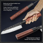 HEZHEN 5.5 Inches Santoku Knife, Three-layer Clad Steel, Professional small Japanese Chef Knife, Ultra Sharp Blade, Red Wood Octagonal Handle