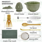 Matcha Whisk Set Incl. Ceramic Bowl With Spout, Whisk (Chasen), Stand, Bamboo Scoop, Sifter, Electric Frother, Tea Towel etc. 9 Pcs Matcha Making Starter Kit, Mottled Green