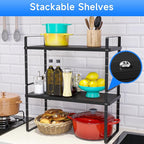 Expandable Cabinet Shelf Organizer, Stackable Kitchen Pantry Counter Storage, Adjustable Closet Cupboard Stand Rack Risers Spice Organization 80LBS Heavy Duty Black Large 2 Pack