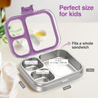 Stainless Steel Lunch Box: Metal Bento Box for Kids Adults - 3 Compartments Leak-Proof Lunch Box, Purple
