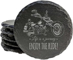 Coast in Style: Rustic Slate Coasters with Motorcycle Design - Round Slate - Set of 6