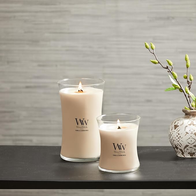 WoodWick Tonka & Almond Milk Gifts for Women and Men, 21.5 oz Large Hourglass Candle with Crackling Wick