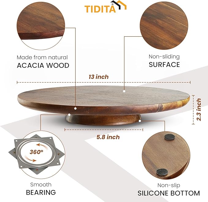 13" Acacia Cake Stand Rotating – Rustic Wood Pedestal Stands Turntable with 2 Icing Spatulas, 3 Smoothers – Wooden Spinning Cake Decorating Serving for Cupcake Dessert Display in Party, Wedding