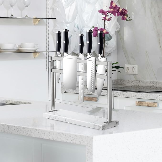YIIYIIN Magnetic Knife Block with Acrylic Shield - Marble Based Double Side Magnetic Knife Stand - Kitchen Magnetic Knife Holder - Knife Storage - Knife Holders for Counter Top - White