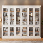 70.8" Bookshelf with Glass Doors, Farmhouse Modular Bookcase with 6-Tier Adjustable Shelves, Large Storage Cabinet for Living Room & Home Office, Set of 3, White