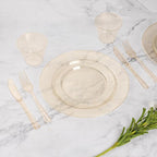 Goodluck 350 Piece Gold Glitter Plastic Dinnerware Set for 50 Guests, Disposable Plates for Party, Include: 50 Dinner Plates, 50 Dessert Plates, 50 Rolled Napkins with Silverware, 50 Cups