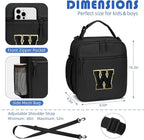 Initial Insulated Lunch Bag for Boys Kids, Back to School Gift, Reusable Leak-proof Lunch Box with Adjustable Strap for School Daycare Travel Picnic（Black，W）
