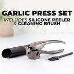 Zulay Kitchen Large Premium Garlic Press Set – Rust Proof & Dishwasher Safe, Bigger Bowl Garlic Mincer Tool with Silicone Garlic Peeler & Brush, Easy Squeeze & Clean, Ergonomic Handle - Dark Gray