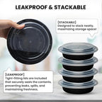 Klex 32 Oz, 50 Sets Meal Prep Containers with Airtight Lids, BPA Free, Reusable Plastic Food Container, 32 oz, Round, Black/Clear, 50 Sets