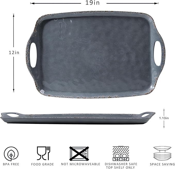 Extra Large Serving Tray with Handles, 19 x12 inch, Set of 2 Melamine Platters for Serving Food, Turkey, Cookie, Farmhouse Rectangular Trays for Eating, Dishwasher Safe, Gray