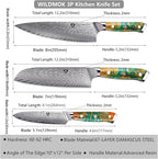 WILDMOK Damascus Kitchen Knife Set, Chef Knife Set, Sharp Damascus Steel Forged Blade Kitchen Knives Set with Ergonomic Resin Handle