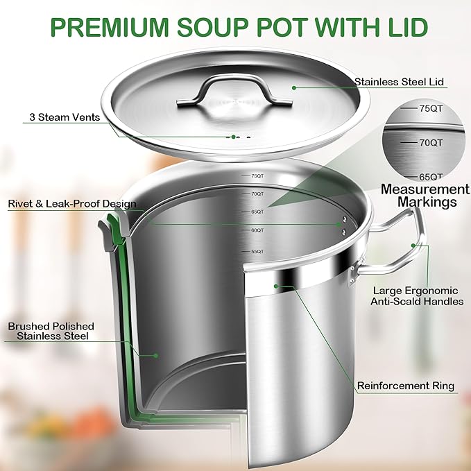 75 Quart Commercial Stock Pot with Lid – Restaurant-Grade Stainless Steel Soup Pot, Triple-Layer Even Heat Base, Steam Vent Lid, Induction Ready – Lobster Boils, Catering, Bulk Cooking