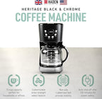 Haden Coffee Machine, 12 Cup Programmable Drip Coffee Maker with Auto Shut-Off Function and Reusable Washable Water Filter, Black & Chrome